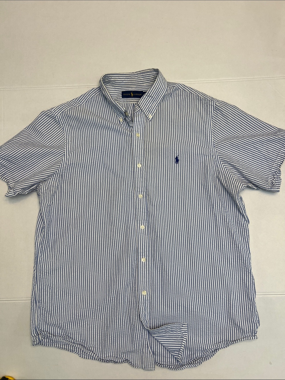 RALPH LAUREN MENS COTTON BLUE & WHITE STRIPED SHORT SLEEVE BUTTON DOWN TOP XL
